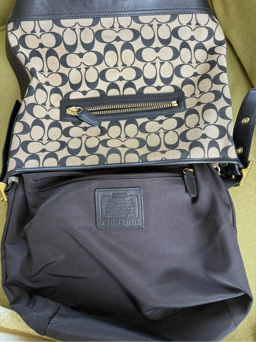 Coach Canvas Signature Shoulder Bag in Khaki and Black